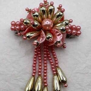 Vtg 80s Hair Clip Beaded Faux Pearl Dangle Pink & Gold Flower Barrette Wedding